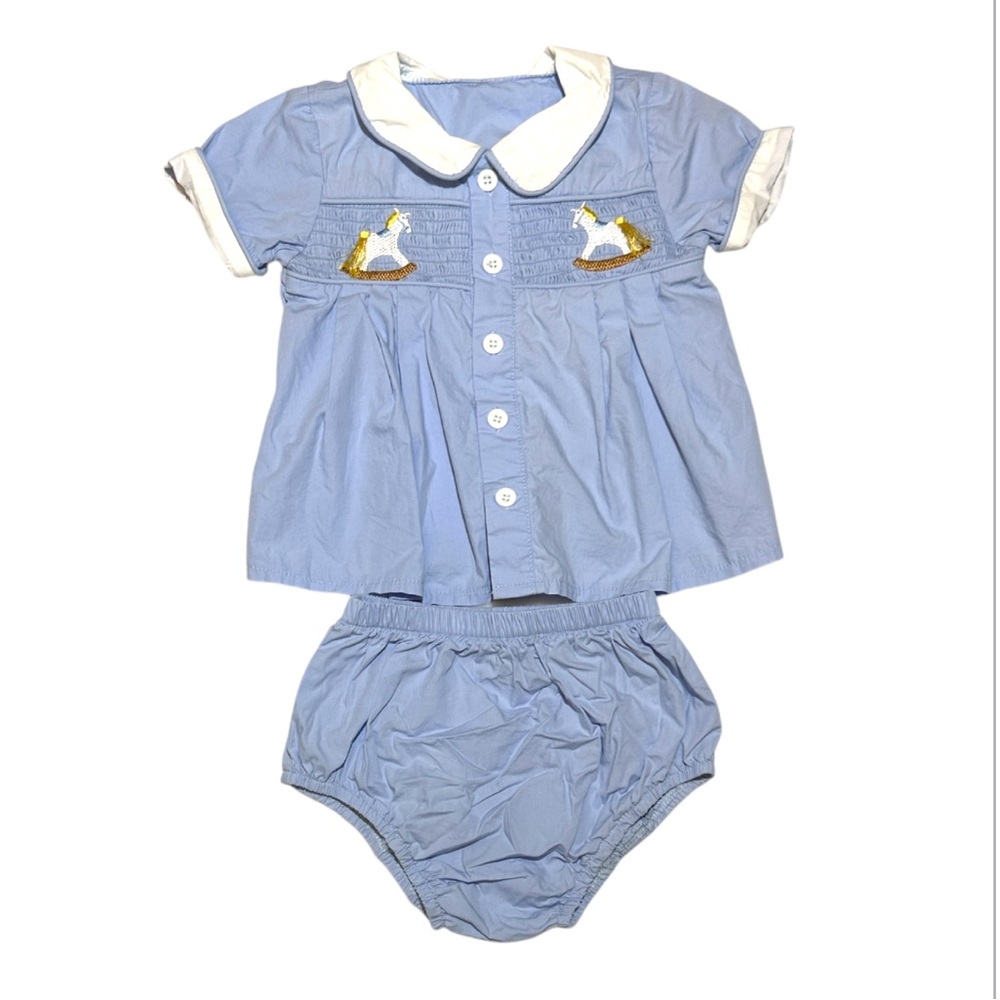 EUC blue collared smocked with rocking horses bloomer set 12/18mo